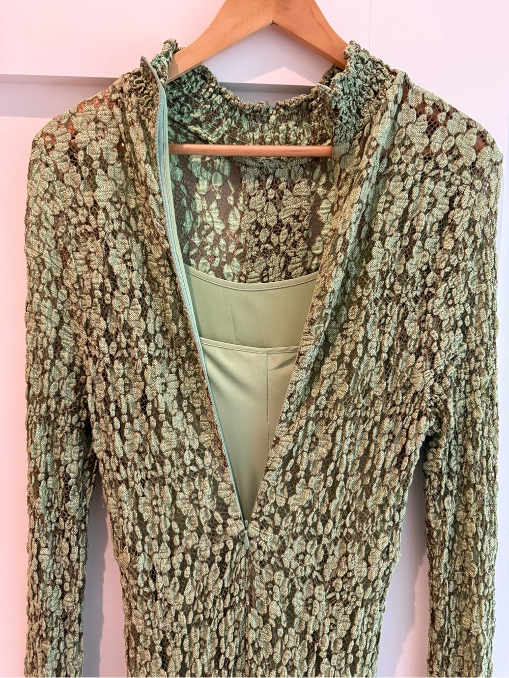 Alexis Sage Green Lace Long-Sleeve High-Neck Maxi Dress- size medium - Picture 11 of 13